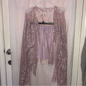 Sheer Side Shiny Lace and Cotton Plus Size Lavender Cardigan & Skirt XXL 47-52”